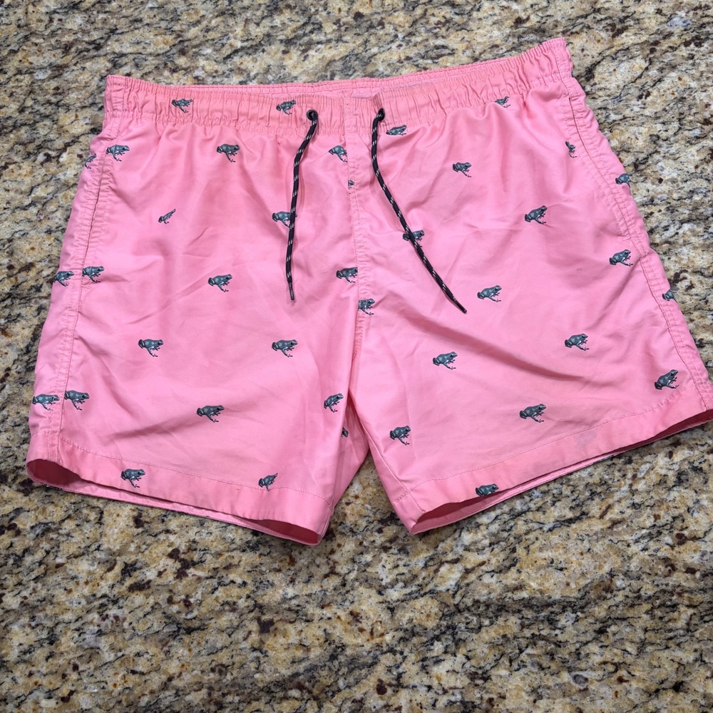 HM Mens Pink Frog Print Swim Trunks Mesh Lined Shorts Medium